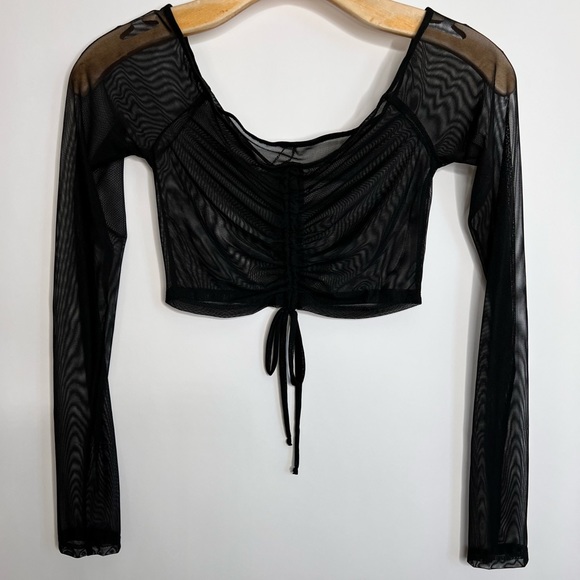 SOLD Fashion Nova Black Off Shoulder Mesh Long Sleeve Crop Top - Picture 6 of 8